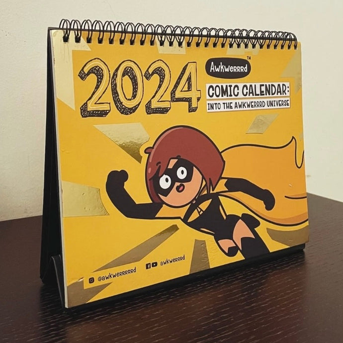 2024 comic calendar with a character on a yellow background