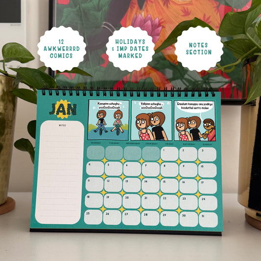 January 2027 Comic Calendar page with feature callout badges: 12 Awkwerrrd Comics, Holidays & Imp Dates Marked, and Notes Section, on a teal background